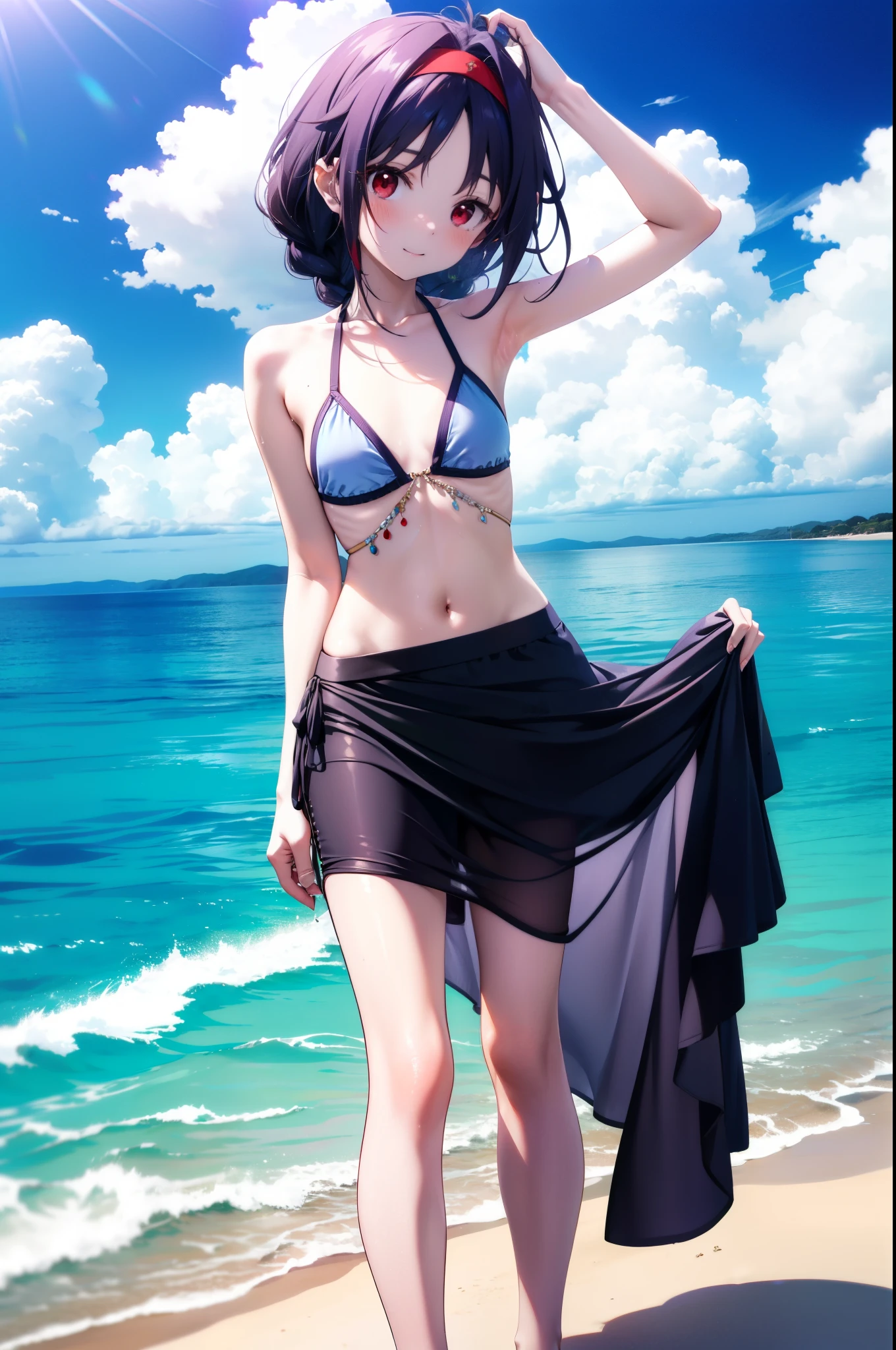 White off-the-shoulder bikini on the beach in Palau(Bikini without shoulder straps、No shoulder strap、Show your shoulders)Surreal Japanese Portraits,Works that influenced Antonio Lopez'technology, Close zipper, Ron Mueck, Richard Estes, Marilyn Minter、Purple and blue gradation eyes enveloped in the mystery of the universe,(String Bikini:1.2)、Perfect lighting, (Perfect hands, Perfect Anatomy)、whole body(1:2)、that'that'the wind is strong、Excellent style,Complete body balance、Dynamic Acid Pose(1:2)、(16:Specializing in aspect ratio 9),sunglasses、Stiletto heels