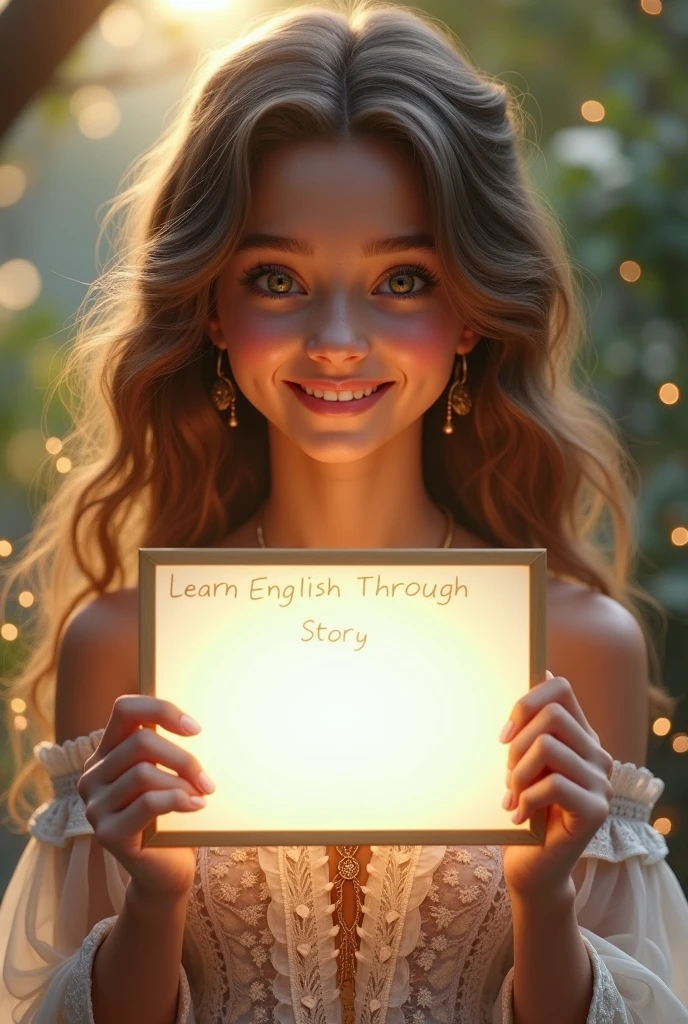 Beautiful girl with heart-warming smile and wavy long hair, bohemian dress, holding a white board with text "learn English Through Story" and showing it to the viewer, the board is glowing with a the text.Different quality girl.