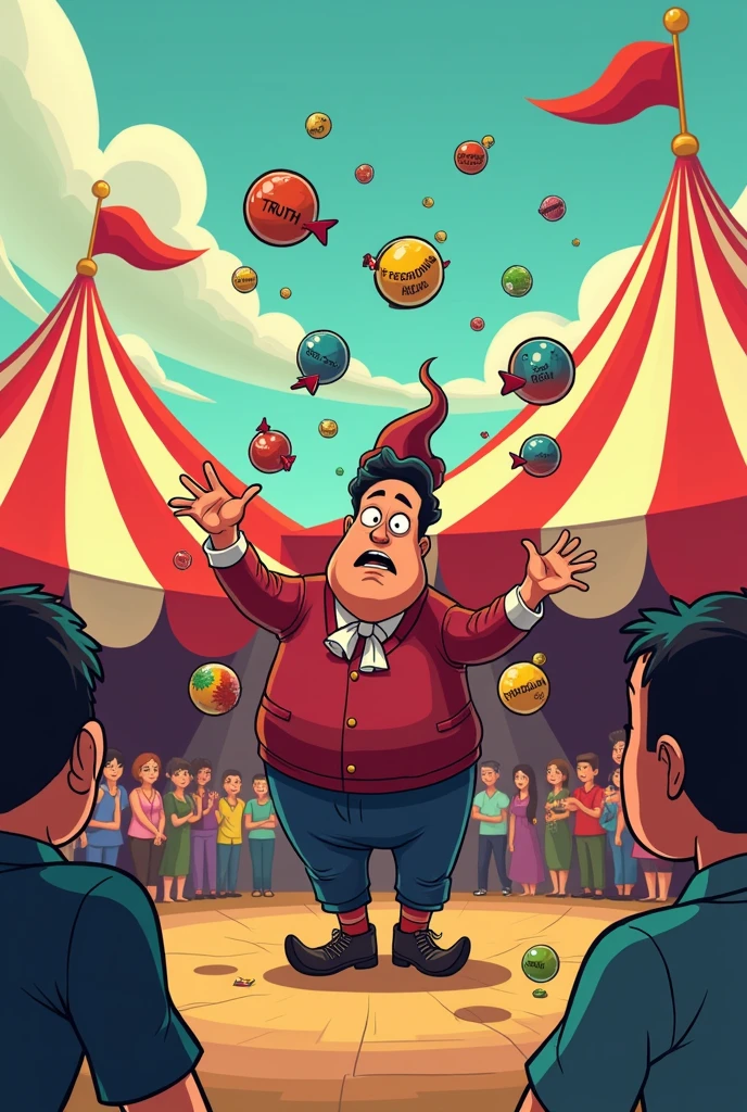 Imagine a cartoon where the Philippine media is depicted as a large, overburdened juggler in a circus tent. The juggler is balancing various objects labeled "Truth," "Freedom," "Sensationalism," "Propaganda," and "Public Interest." Some objects are falling or being dropped, while others are being precariously balanced. The audience, representing the public, looks both entertained and confused.