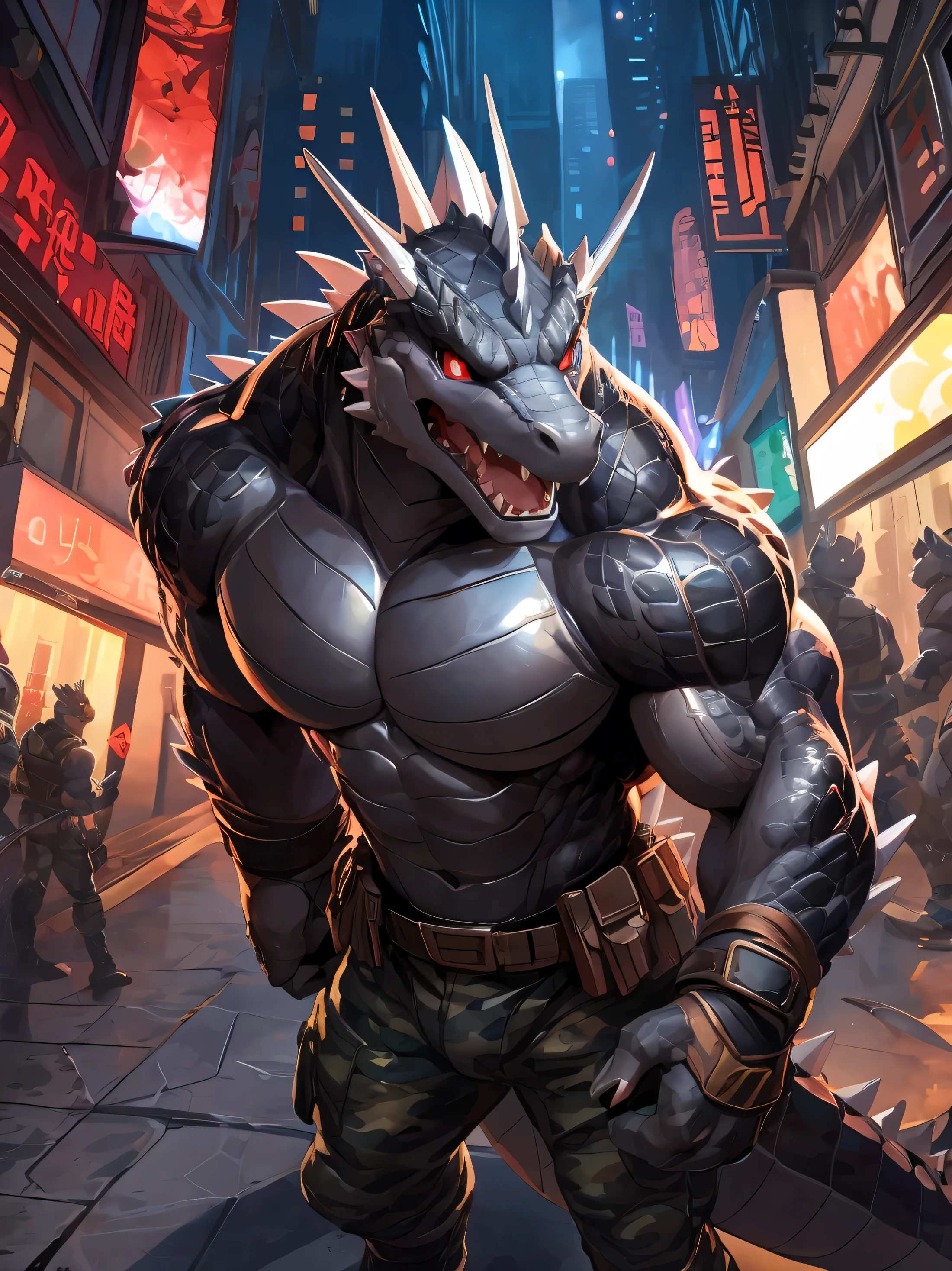 solo, anthro, furry male, crocodile, ((Spiny scales, scales, detailed muscles)), (Crocodile print), black scales, white belly, spiny scales, standing up, bodyguard outfit, black claws, red eyes, slit eyes, slim fit, muscular slim, cracking knuckles, cyber street, street, cyber upgrades, crazed look, menacing, raging, angry, detailed eyes, pecs, tail, long tail, looking away, (Masterpiece, by null-ghost, hi-res, 8k), tight black shirt, camo pants, face sideways, leaning forward, oil stain, military outfit, seen from above, upward pov,