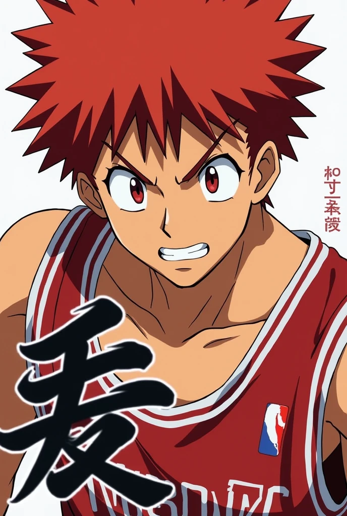 A horizontal image of the protagonist of Slam Dunk, Eiun, with the kanji for dribbling, with red hair, and a large, mature face.