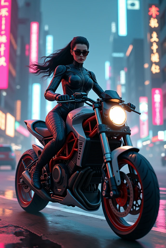 put on sunglasses,there is a armed terminator woman riding a motorcycle on a city street, badass anime 8 k, daniel maidman octane rendering, sitting on cyberpunk motorbike, unreal engine 4k wallpaper, octane. trending on artstation, motorcycle concept art, concept art octane render, octane cgsociety, unreal engine', 3 d octane render conceptart, james gurney cinematic lighting, beautiful and cinematic lighting