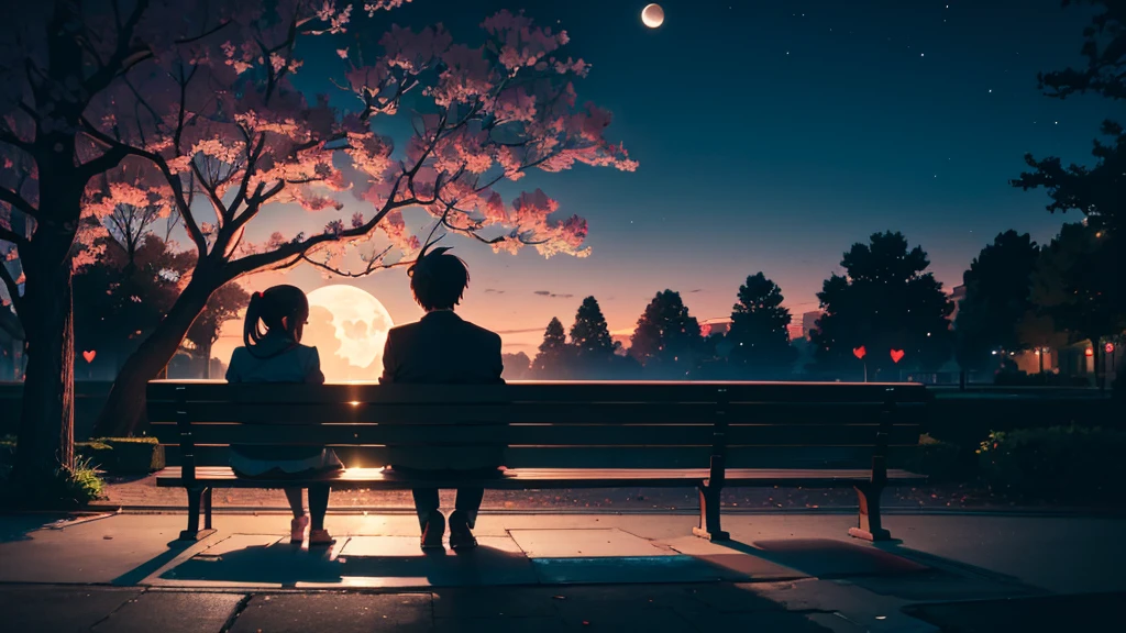 Back view, Anime style, a couple sitting on a bench in the park, at night, (Valentine mood :1.2), full moon, heart-shaped shadow on the moon