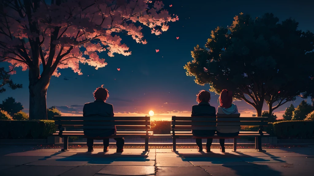 Back view, Anime style, a couple sitting on a bench in the park, at night, (Valentine mood :1.2), full moon, heart-shaped shadow on the moon