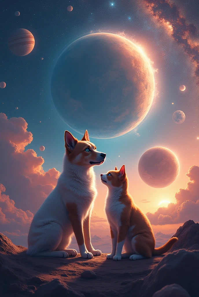 (4k , Ultra HD Quality) a cat and a dog in the space and there are many planets and galaxy can see