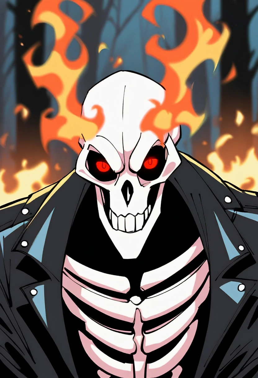  upper Body, score_9, score_8_up, score_7_up,
skeleton, glowing eyes, black sclera, FireHuman, orange fire, 
red eyes, male skeleton, white skull, fiery skull, black leather jacket, black T-shirt, dark background,
looking at the viewer, posing, snowy forest, blurred background, blurred fantasy background,