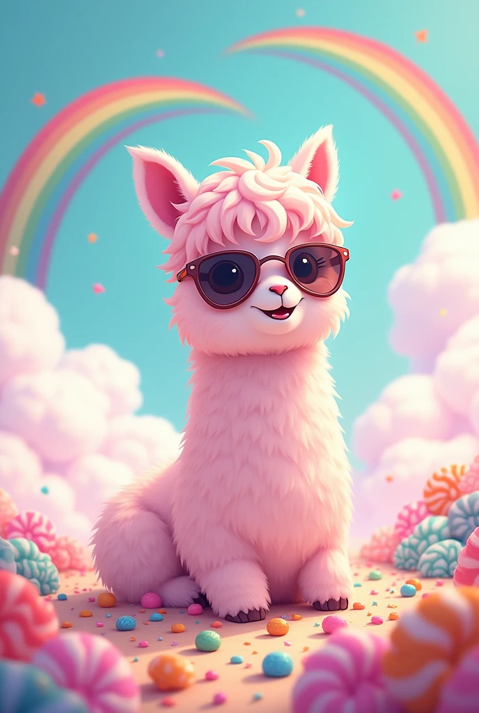 Cute alpaca,comic,dreamy,Clouds,candys,sunglasses,rainbow,soft pink hair