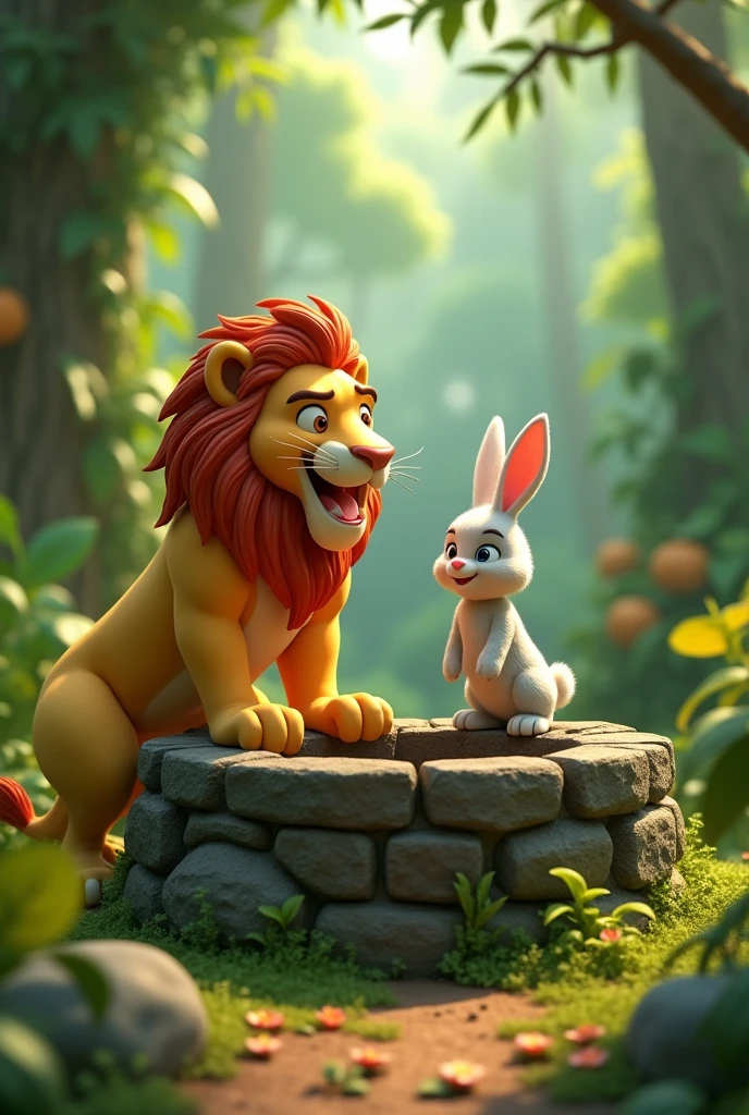 "In 3D animation style" The lion and rabbit arrive at an old stone well in the middle of the jungle. The lion is peering over the edge, looking down into the well with a fierce expression, while the rabbit stands beside him, slyly smiling.