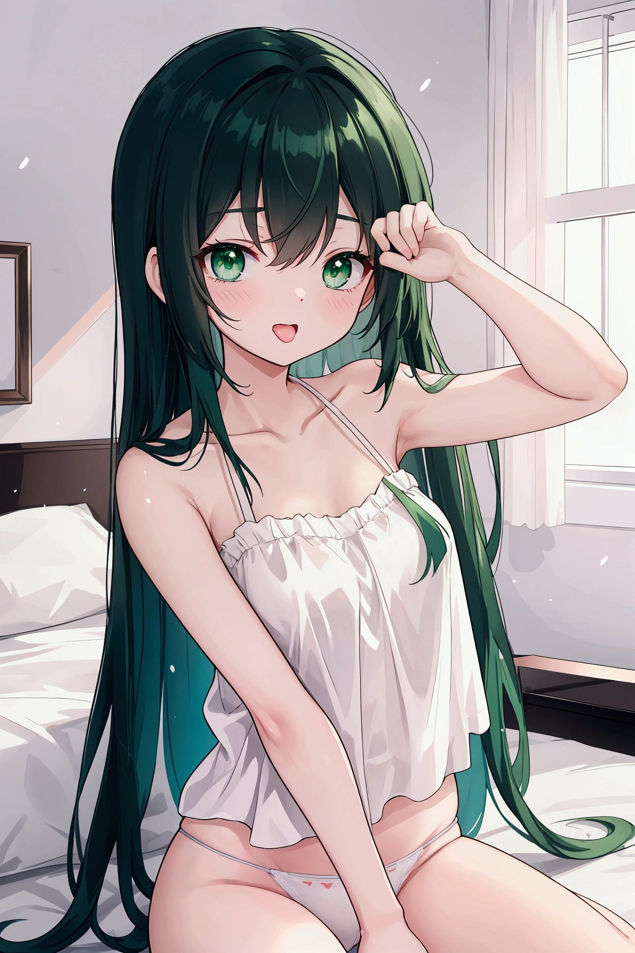 Highest quality,Unity 8k wallpaper,1peopleの,1people,,Glamorous Body,cute,Wink,Open your mouth wide,Waking up,Emerald green eyes,Black Hair,long hair,Raise your upper body,Rub your right eye with your right hand,Stretch out your left hand,camisole,White panties,Scanty,On the bed,Inside the room,