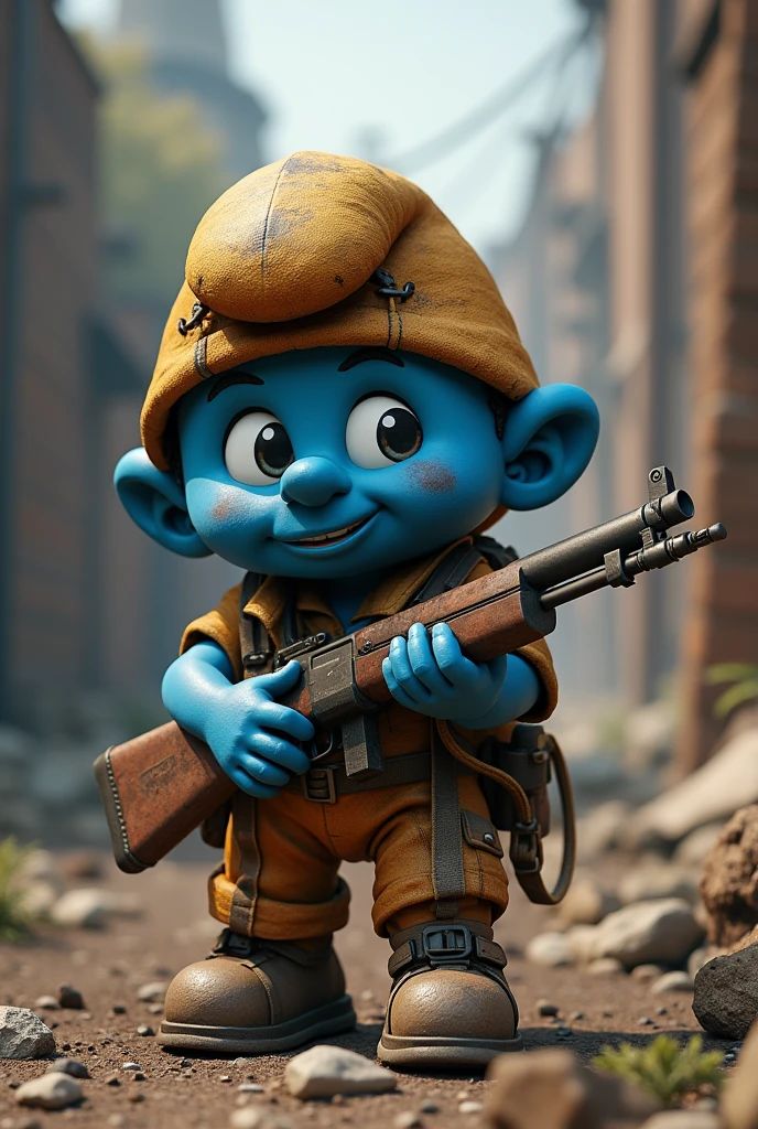 A smurf im brown but blue color as a character from the video game rust with a rifle 