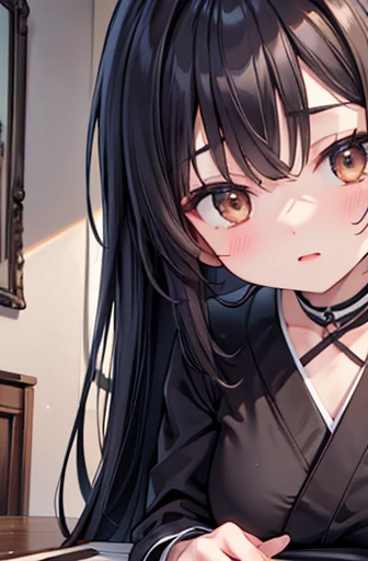 ((Highest quality)),(超High resolution),(Very detailed),(Detailed Description),((The best CG)),(a masterpiece of art),Ultra-detailed art,Amazing painting art,(Art with precise detail:1.5), Portraiture:1.6,Bust Shot:1.4,(1 female:1.5),Beautiful and well-proportioned face:1.5,、 Japanese、,thin、Small face、Brown eyes、expensive、 High resolution,black髪、Long Hair、Hotel、black、Sitting at a desk、mature、Big Breasts、Completely naked