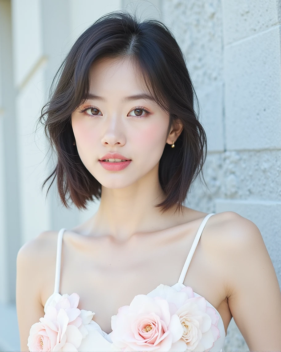 (photorealistic Realism 16K Quality), (RAW photo, 8k uhd, Masterpiece, Best Quality:1.3), (ultra-fine digital art), (Hyper-realistic proportional body, anatomically correct:1.3), ((intricately detailed beautiful face)), (light pale complexion), (small round head), (high detailed, realistic Super beautiful, slim and sharp-face)), Half Body Portrait, (Black Eyeshadow), ((Street Style Wear:1.35)), (Urban Background:1.25), (The finer details), (Complex), (beautiful detailed glow), (super detailed beautiful, slim and sharp-face), (Insanely details brown_eyes:1.25), (Hyperrealistic sharp real human eyes), (perfect round eyes), (finely detailed pupils:1.3), (Depth of field), (cinematic light), (Lens flare), (dslr), (best high quality soft lighting), (sharp focus captured by Fujifilm XT3, f 5.6, in a dramatic lighting), (dry skin), (best high quality real texture skin), (A woman with velvety skin:1.3), (best high quality real texture hair), (blonde hair(wavy combed up, behind the ear:1.22)), (firm big full breasts), slim muscled body), (she is the embodiment of beauty and allure), ((Dressed in a breath taking, silk Dolce & Gabbana Floral dress)), (elegant fashion intricately detailed:1.28), (floral couture), (clothes made of silk and flower:1.3), (3/5 long), (closeup to her face) 
