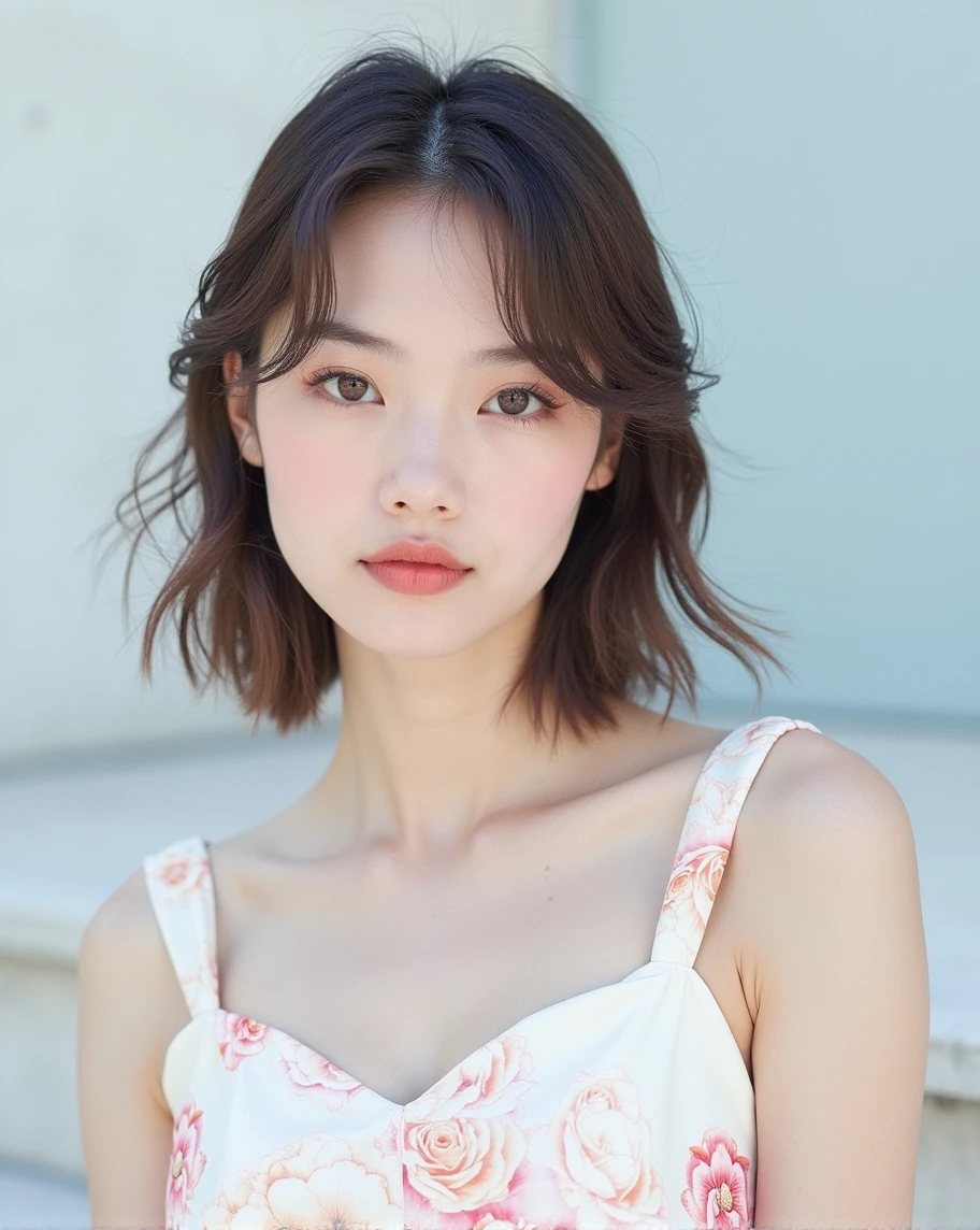 (photorealistic Realism 16K Quality), (RAW photo, 8k uhd, Masterpiece, Best Quality:1.3), (ultra-fine digital art), (Hyper-realistic proportional body, anatomically correct:1.3), ((intricately detailed beautiful face)), (light pale complexion), (small round head), (high detailed, realistic Super beautiful, slim and sharp-face)), Half Body Portrait, (Black Eyeshadow), ((Street Style Wear:1.35)), (Urban Background:1.25), (The finer details), (Complex), (beautiful detailed glow), (super detailed beautiful, slim and sharp-face), (Insanely details brown_eyes:1.25), (Hyperrealistic sharp real human eyes), (perfect round eyes), (finely detailed pupils:1.3), (Depth of field), (cinematic light), (Lens flare), (dslr), (best high quality soft lighting), (sharp focus captured by Fujifilm XT3, f 5.6, in a dramatic lighting), (dry skin), (best high quality real texture skin), (A woman with velvety skin:1.3), (best high quality real texture hair), (blonde hair(wavy combed up, behind the ear:1.22)), (firm big full breasts), slim muscled body), (she is the embodiment of beauty and allure), ((Dressed in a breath taking, silk Dolce & Gabbana Floral dress)), (elegant fashion intricately detailed:1.28), (floral couture), (clothes made of silk and flower:1.3), (3/5 long), (closeup to her face) 