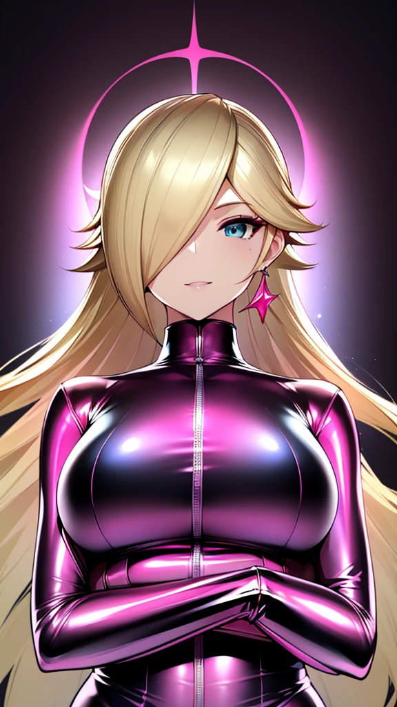 erotic、Rosalina、Blonde、tall、 mature, Married women, Pink shiny latex rubber suit、turtleneck、邪evilな女戦闘員, Pink and black background, Pitch-dark bedroom, Dark Theme, evil, lure, excited, Condescending smile, Lightly open your mouth、Sexy pose, Upper Body,