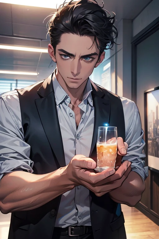 (Best Quality,4k,8k,high resolution,Masterpiece:1.2),ultra detailed,(realist,photorealist,photo-realist:1.37),1 man,31 years,mature man,very handsome,without expresion,muscled body,short gray black hair,Blue eyes,glare,perfect face without mistakes,imposing posture,businessman,office background,cinematic lighting,imagen HDR