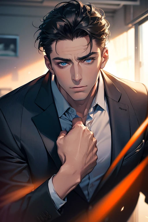 (Best Quality,4k,8k,high resolution,Masterpiece:1.2),ultra detailed,(realist,photorealist,photo-realist:1.37),1 man,31 years,mature man,very handsome,without expresion,muscled body,short gray black hair,Blue eyes,glare,perfect face without mistakes,imposing posture,businessman,office background,cinematic lighting,imagen HDR