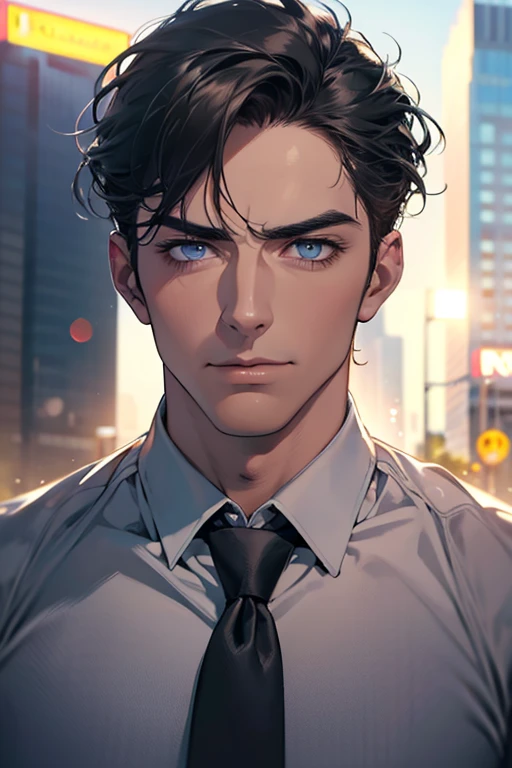 (Best Quality,4k,8k,high resolution,Masterpiece:1.2),ultra detailed,(realist,photorealist,photo-realist:1.37),1 man,31 years,mature man,very handsome,without expresion,muscled body,short gray black hair,Blue eyes,glare,perfect face without mistakes,imposing posture,businessman,office background,cinematic lighting,imagen HDR