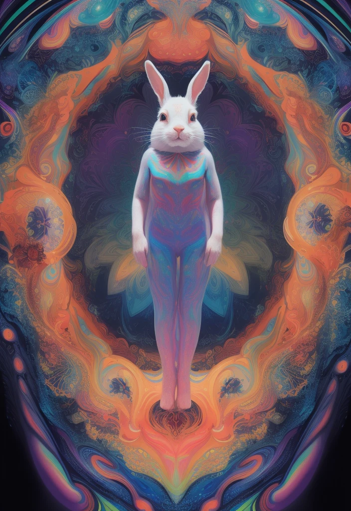 (Psychedelic Art:1.5), (Watch from below:1.2)，rabbit，personification，Large color blocks，White，blue, Upper Body, There are flowers,