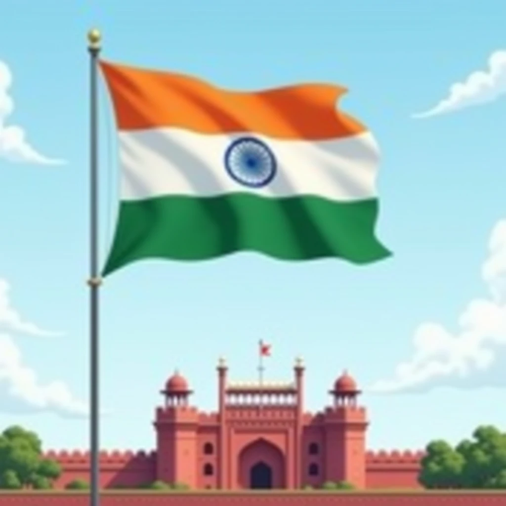 in the center a big India Flag that is not waving in the wind, light blue sky with minimal clouds and red fort as backdrop.