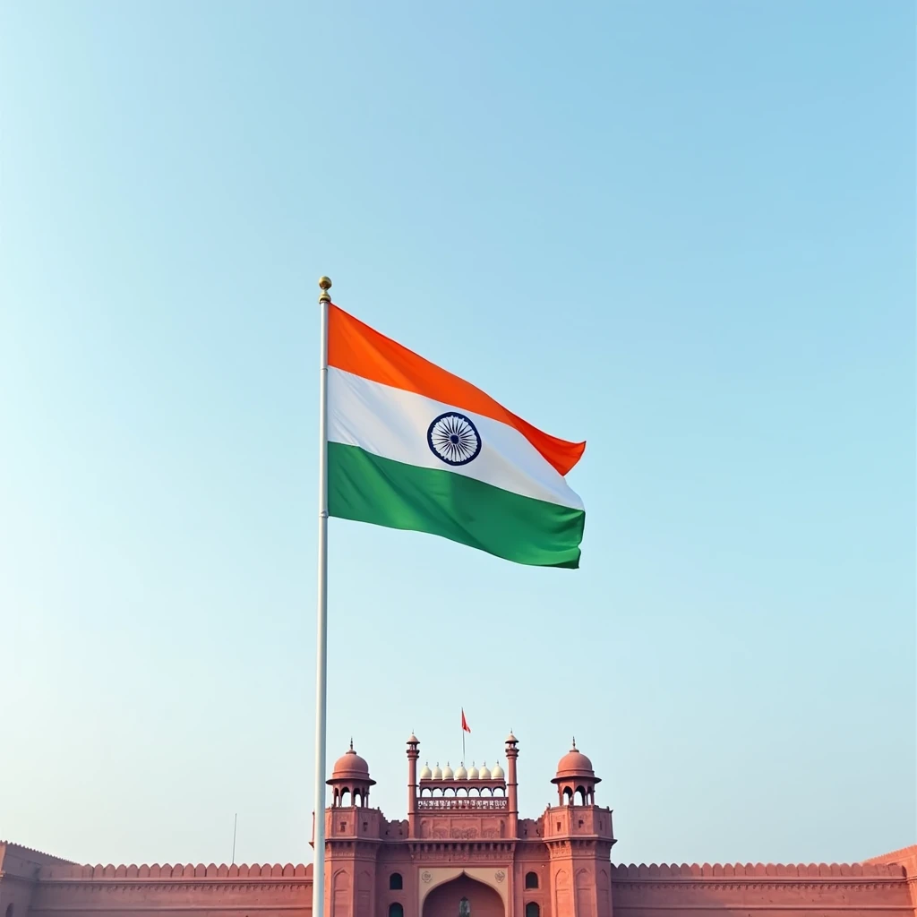 in the center a big India Flag that is not waving in the wind, light blue sky with minimal clouds and red fort as backdrop.