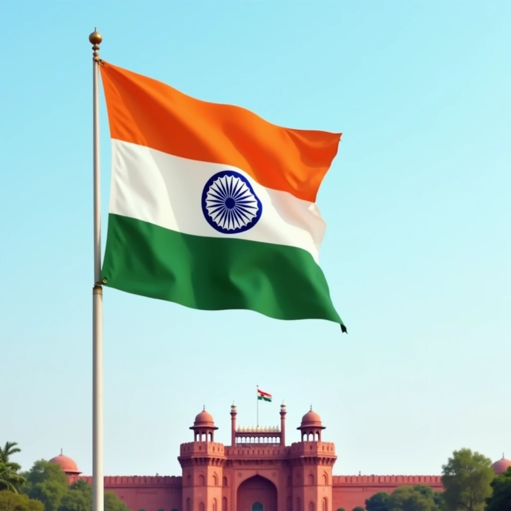 in the center a big India Flag that is not waving in the wind, light blue sky with minimal clouds and red fort as backdrop.
