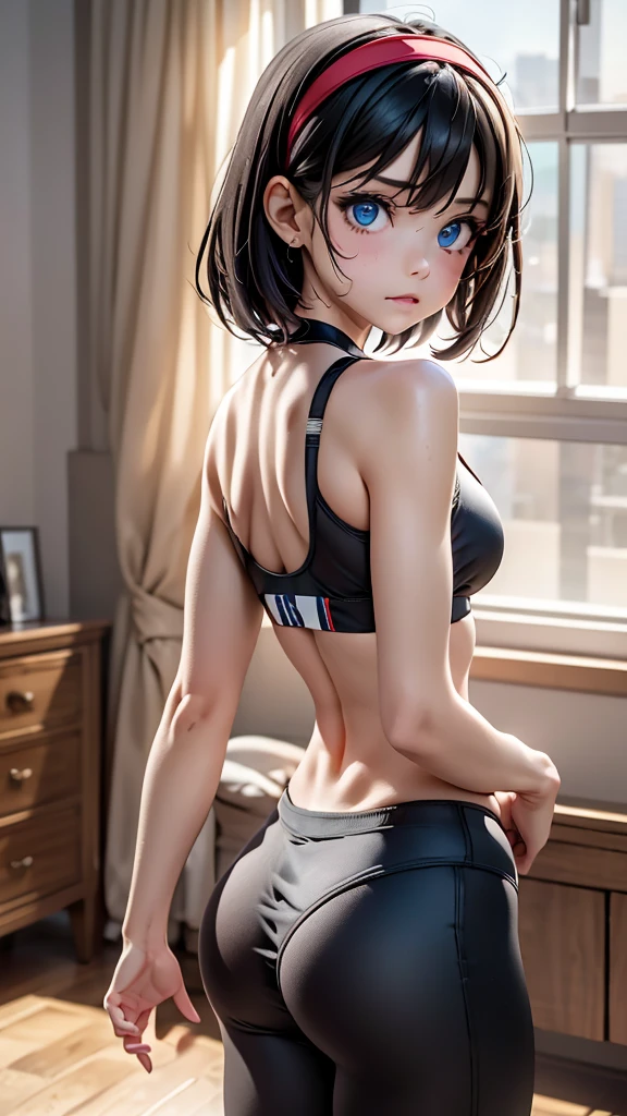 front view, big sports bra, intricately detailed yoga pants, luxury apartment, from behind, masterpiece, best quality, very aesthetic, absurdres, newest, ai-generated, super detailed, cinematic view, videl, 1girl, black hair, blue eyes, short hair, red hairband, (HDR), (8k), (32k), (masterpiece:1.1), (Best quality), (Ultra detailed eyes), open chest sweater