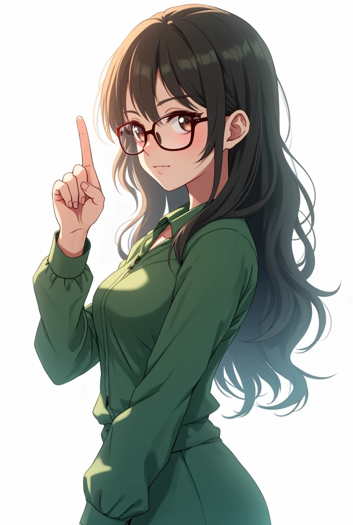The background is white, she is wearing glasses, and is wearing a casual green jumpsuit with long sleeves and a collar, and her breasts are slightly visible.、A beautiful anime girl、Pointing finger