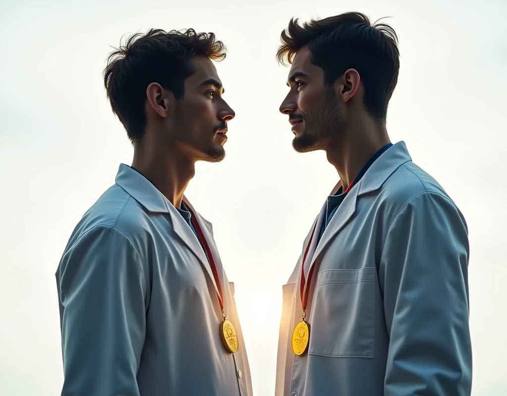 A creative design image in which the silhouettes of a young male researcher in a white coat and a male Olympic athlete with a gold medal hanging from his neck overlap