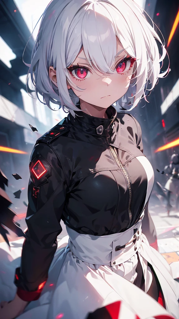 1girl, white short hair, red eyes, glaring at viewer, wearing tactical gear, urban ruins, absurdres, high res, ultrasharp, 8K, masterpiece, blood on face, grime on face, 5 fingers on each hand, blood on face, grime on face