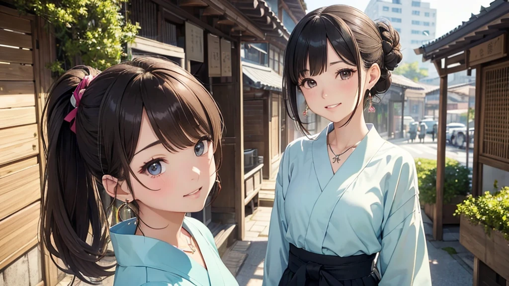 Nara cityscape、Women in their teens to 40s、(stylish, Dress relaxed)Adult woman in yukata、/(Dark Brown Hair/)bangs、cheek(direction)、(masterpiece 1.2)Delicate illustrations with attention to detail、break (Ancient Capital:1.2) (The background is fresh green)、、()、blue sky、Detailed Background、whole bodyが写る、A shy smile、Through clenched teeth、Through clenched teeth、lip、cheek(Flat Color: 0.8)、(masterpiece: 1,2)、(masterpiece: 1,2)、High resolution、Ultra high definition、Highest quality、High resolution、Ultra-thin illustration、Makoto Shinkai style、Your name is style、Short Bob、necklace、Earrings、Dynamic pose、Selfie、whole body、Brown Hair、Braiding、Hair Bun、ponytail・Hair Bunスタイル、necklace、Valletta、ribbon、Earrings、マニキュアSelfie。