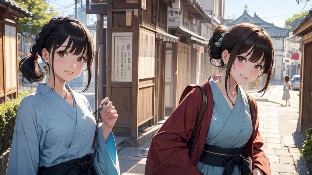 Nara cityscape、Women in their s to 40s、(stylish, Dress relaxed)Adult woman in yukata、/(Dark Brown Hair/)bangs、cheek(direction)、(masterpiece 1.2)Delicate illustrations with attention to detail、break (Ancient Capital:1.2) (The background is fresh green)、、()、blue sky、Detailed Background、whole bodyが写る、A shy smile、Through clenched teeth、Through clenched teeth、lip、cheek(Flat Color: 0.8)、(masterpiece: 1,2)、(masterpiece: 1,2)、High resolution、Ultra high definition、Highest quality、High resolution、Ultra-thin illustration、Makoto Shinkai style、Your name is style、Short Bob、necklace、Earrings、Dynamic pose、Selfie、whole body、Brown Hair、Braiding、Hair Bun、ponytail・Hair Bunスタイル、necklace、Valletta、ribbon、Earrings、マニキュアSelfie。