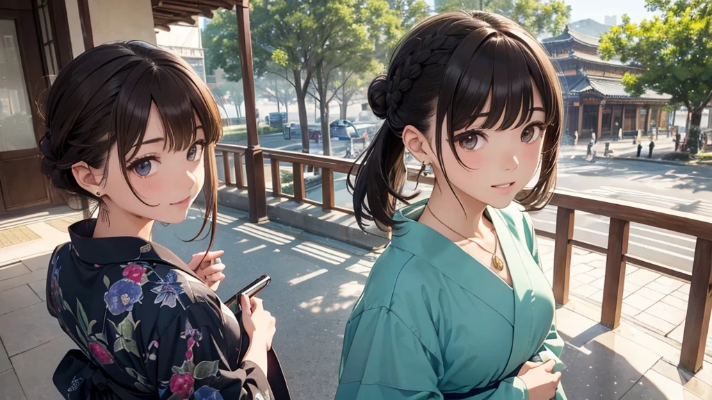 Nara cityscape、Women in their teens to 40s、(stylish, Dress relaxed)Adult woman in yukata、/(Dark Brown Hair/)bangs、cheek(direction)、(masterpiece 1.2)Delicate illustrations with attention to detail、break (Ancient Capital:1.2) (The background is fresh green)、、()、blue sky、Detailed Background、whole bodyが写る、A shy smile、Through clenched teeth、Through clenched teeth、lip、cheek(Flat Color: 0.8)、(masterpiece: 1,2)、(masterpiece: 1,2)、High resolution、Ultra high definition、Highest quality、High resolution、Ultra-thin illustration、Makoto Shinkai style、Your name is style、Short Bob、necklace、Earrings、Dynamic pose、Selfie、whole body、Brown Hair、Braiding、Hair Bun、ponytail・Hair Bunスタイル、necklace、Valletta、ribbon、Earrings、マニキュアSelfie。