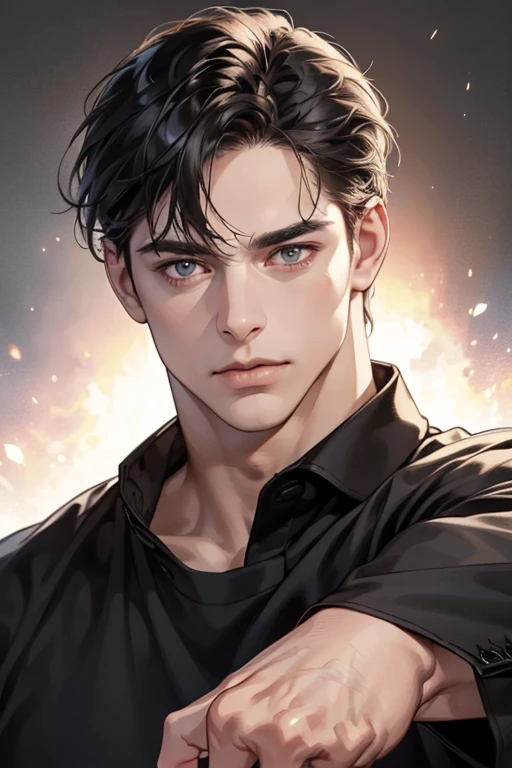 (Best quality,4K,8K,a high resolution,masterpiece:1.2),ultra detailed,(realistic,photorealistic,photo-realistic:1.37),39 year old man,Beautiful anime,portraits,strong,masculine,dark hair,Sharp jawline,Mesmerizing eyes,Perfectly styled hair,confident expression,bright colors,dynamic lighting,Brown eyes,(Black T-shirt),(dark skin),((mature man, man 40 years old)), (square jaw)