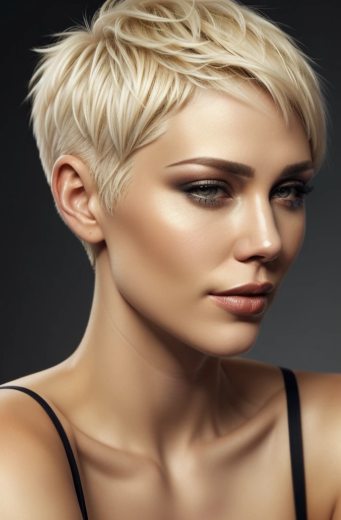 a close up of a woman with a short blond hair, short blond hair, blonde short hair, pixie cut, short blonde hair, short hair, natural short hair, girl with short white hair, short haircut, with short hair, pixie hair, pixie haircut, very short hair, short hair on sides of head, short hair style, irina nordsol kuzmina