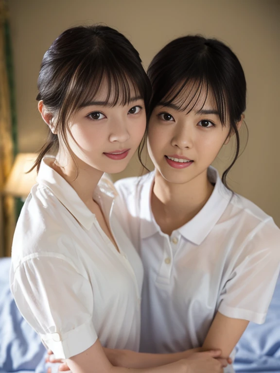 (Masterpiece, Best quality:1.3), (Ultra realistic, Photo-realistic:1.2), From above, Natural light, 28 years old actress, Japanese 2 women, Neat and clean, (White tennis uniform, White short-sleeve polo shirt with darknavy line collar:1.1), (unbutton:1.3), (White pleated skirt:1.1), white sock, (short wavy hair:1.3), ponytail, (Beautiful face), Oval face, clear, Beautiful eyes, Kind eyes, Clear skin, Small face, Beautiful mouth, Small mouth, Natural makeup, Approachable, (nsfw:1.1), Seductive smile, (Seductive pose:1.2), (Beautiful thighs:1.1), (Bedroom eyes:1.1), Embarrassed, Blush, Luxury hotel Suite room, On bed, Hidden camera installed in suite room captures obscene reality of school girls , (lesbian couple , petting together:1.1), grabbing crotch, lesbian sex, 2girls erotic kiss,