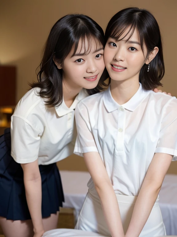 (Masterpiece, Best quality:1.3), (Ultra realistic, Photo-realistic:1.2), Natural light, 28 years old actress, Japanese beautiful 2 women, Neat and clean, (White tennis uniform, White short-sleeve polo shirt with darknavy line collar:1.1), (unbutton:1.2), (White pleated skirt:1.1), (damaged skirt:1.1), white sock, (ponytail:1.2), (Beautiful faces), Oval face, clear, Beautiful eyes, Kind eyes, Clear skin, Small face, Beautiful mouth, Small mouth, Natural makeup, Approachable, Seductive smile, (Seductive pose:1.2), Beautiful thighs, Bedroom eyes, Embarrassed, Blush, Luxury hotel Suite room, On bed, (nsfw:1.3), obscene reality of girls, (lesbian couple, petting together:1.2), looking at each other, grabbing crotch, erotic hug, orgasm face,