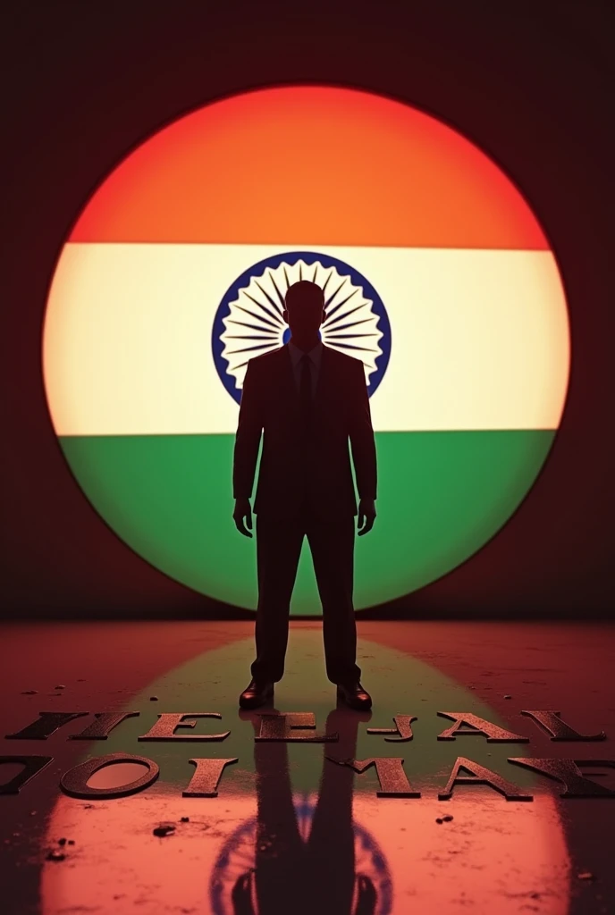 A silhouette of a person stands against a large, illuminated circle featuring the Indian flag colors (saffron, white, and green) and the Ashoka Chakra in the center. Below the circle, the Text "Vishal" is displayed in bold, stylized letters: orange S, gray A, white M, and green IR. The shiny floor reflects the vibrant colors, typography, 3d render