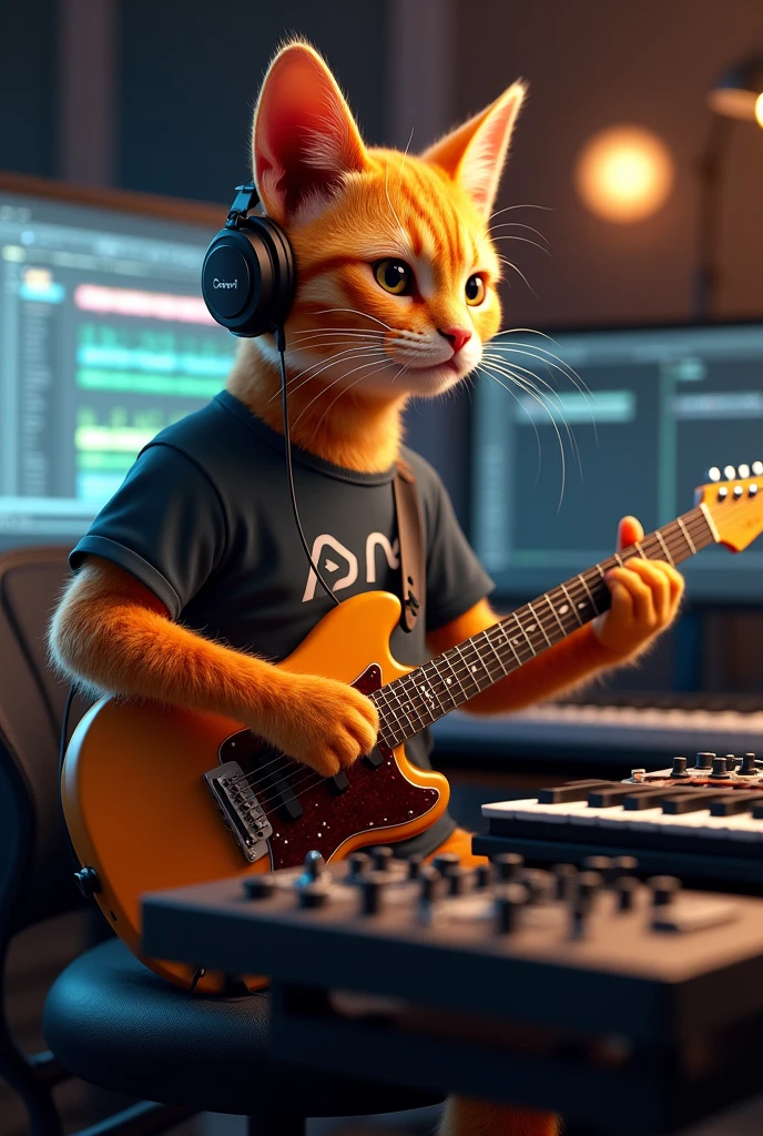 An orange human-like cat plays a guitar in front of a professional Akai 88 MPC MIDI keyboard. ,Put on the headphones.,With a t-shirt that looks more like a person ..He is sitting in front of the screen where you can see him using FL Studio 20 from Image Line as his favorite DAW..,He is an expert in music production.
