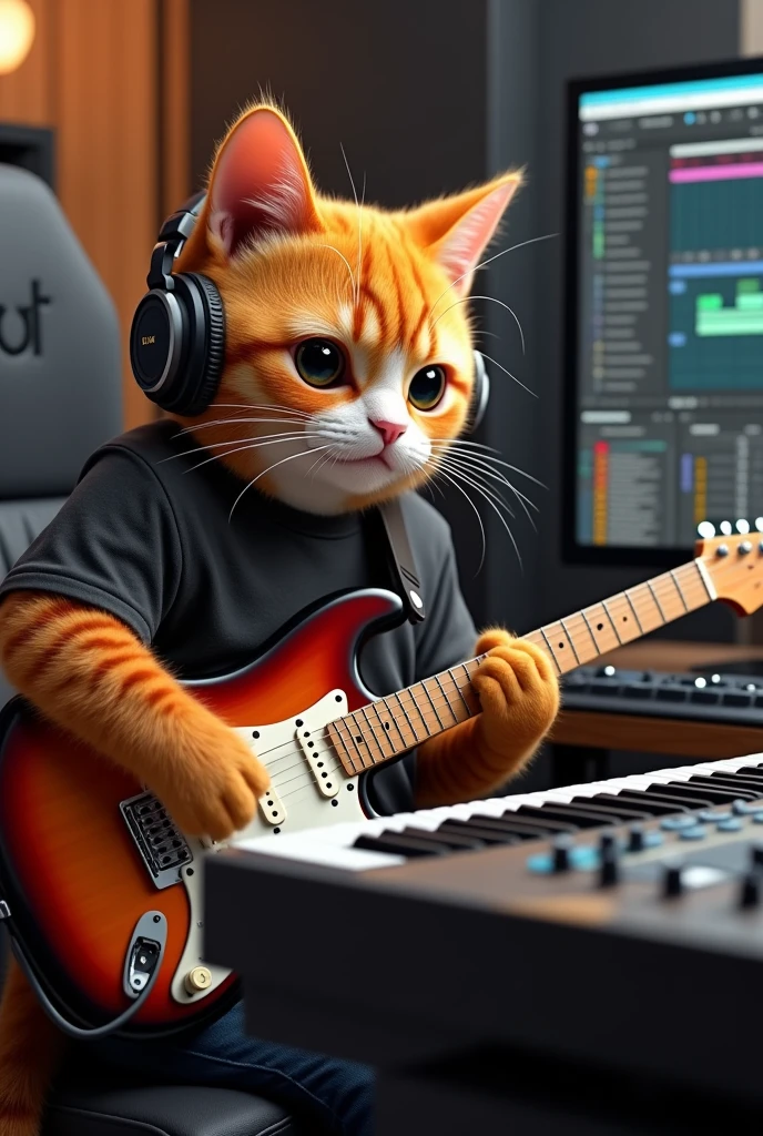 An orange human-like cat plays a guitar in front of a professional Akai 88 MPC MIDI keyboard. ,Put on the headphones.,With a t-shirt that looks more like a person ..He is sitting in front of the screen where you can see him using FL Studio 20 from Image Line as his favorite DAW..,He is an expert in music production.
