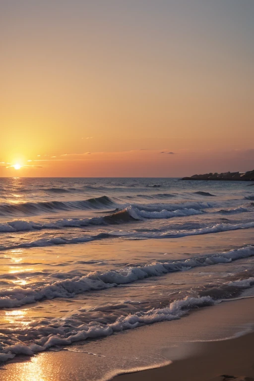 Highest quality、The beach where the sun sets、Orange sky、Shadow of a person