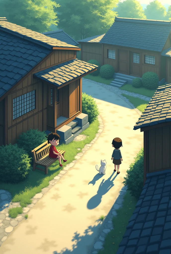 Generate a nostalgic anime-style image of a peaceful Japanese village setting, viewed from a bird's-eye perspective. The scene includes a quiet residential area or park with traditional wooden houses, stone paths, and lush greenery. Children are seen sitting on a bench or walking along the path with a small white cat, creating a sense of warmth and tranquility. The lighting is soft, with the screen divided diagonally into sunlight and shadow, evoking a strong contrast that enhances the sense of calm and quietude. The bird's-eye view should emphasize the layout of the area, showing the relation between the buildings, paths, and natural surroundings. The overall color palette should include soft blues, greens, and warm earth tones to emphasize the serene atmosphere. The style should resemble classic hand-drawn anime from the late 20th century, with subtle details and a focus on capturing the quiet, everyday moments of rural life