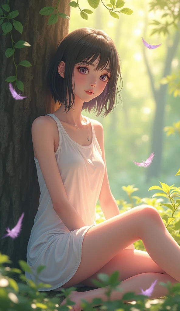 (((A medium view)) of an anime girl, (sitting down in a (forest), (((strong sunlight))), cinematic light, slim body, skin is perfectly white, soft, and smooth, ((legs stretched straight)), Extremely delicate and beautiful CG illustration, best quality, high resolution, dynamic angle, full-length lens, (1 girl), floating, soft light, high-key lighting), glowing light, purple halo, feathers fluttering background, blue crystal, (((wearing nothing but a white (pure) (transparent) tank top))), ((very cinematic))