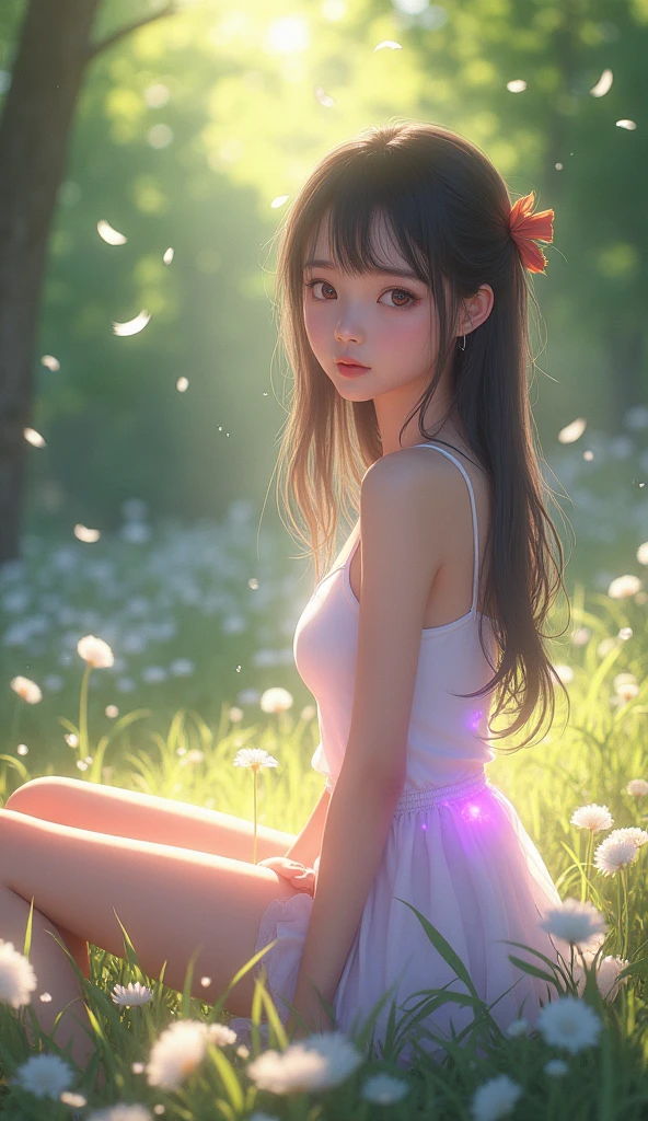 (((A medium view)) of an anime girl, (sitting down in a (forest), (((strong sunlight))), cinematic light, slim body, skin is perfectly white, soft, and smooth, ((legs stretched straight)), Extremely delicate and beautiful CG illustration, best quality, high resolution, dynamic angle, full-length lens, (1 girl), floating, soft light, high-key lighting), glowing light, purple halo, feathers fluttering background, blue crystal, (((wearing nothing but a white (pure) (transparent) tank top))), ((very cinematic))