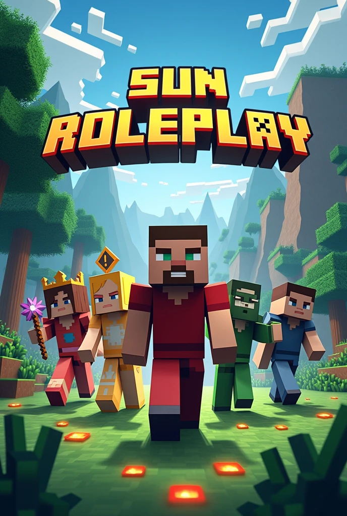 Create an image with characters that have Demeter, Eris, Ares, Pluto and Thanatos that are in the minecraft style and with the title written Sun Roleplay