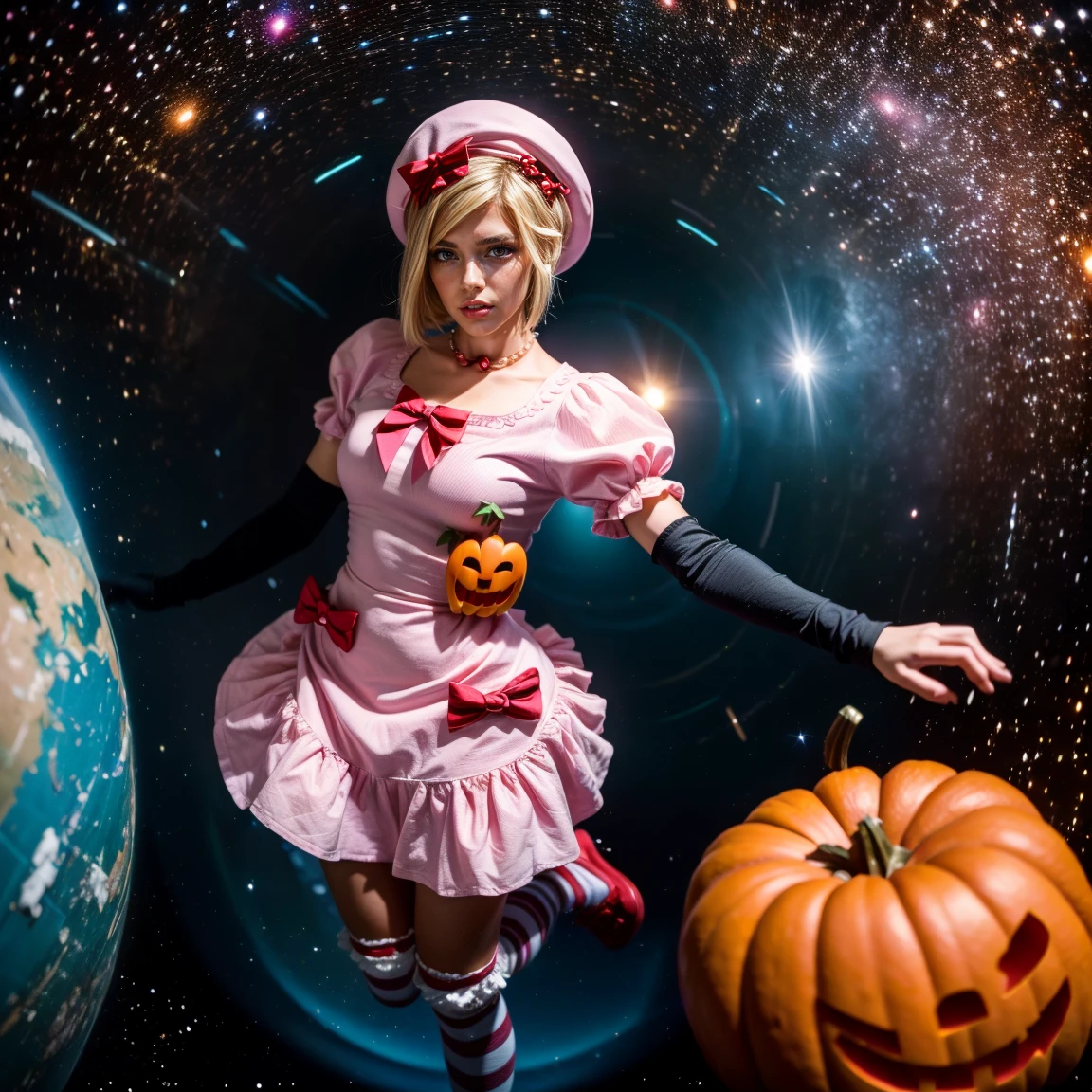 (1 lady), The beautiful, (Best quality at best:1.4), (ultra - detailed), (extremely detailed CG unified 16k), gold blonde hair, very detailed, High-definition RAW color photo, professional photoshooting, amazing face and eyes, cosmetics, (amazingly beautiful girl), ((lambdadelta, taller, tall woman)), ((dress, shoes bow, red shoes, striped stockings, red bow, pink hat, necklace, gloves, pearl, pumpkin brooch, pink dress)), levitating in a cute posture (floating in the air), (She's levitating in a cosmic sea, outer space:1.3, quantum hyperspace room lacking walls, hyperspace chamber, extremely detailed background, a lot of details background, realistic outer space background with stars quasars and cosmic bodies, brighter background), (look from above), realistic cinematic face, head to feet long wide zoomed out view, full body long view, photorealistic, ((realistic natural blonde hair style, red eyes)), gorgeous, extremely beautiful face, perfect model beauty, pout mouth, Highly Detailed Face and Skin Texture, Detailed Eyes, Double Eyelids, Small Breasts, Persistent Stare, Faith Trance, (mystical stare, looking eternity), (masterpiece), best quality, high resolution, depth of field, cinematic lighting, amazing legs, pink combat boots, clear and well-cared skin
