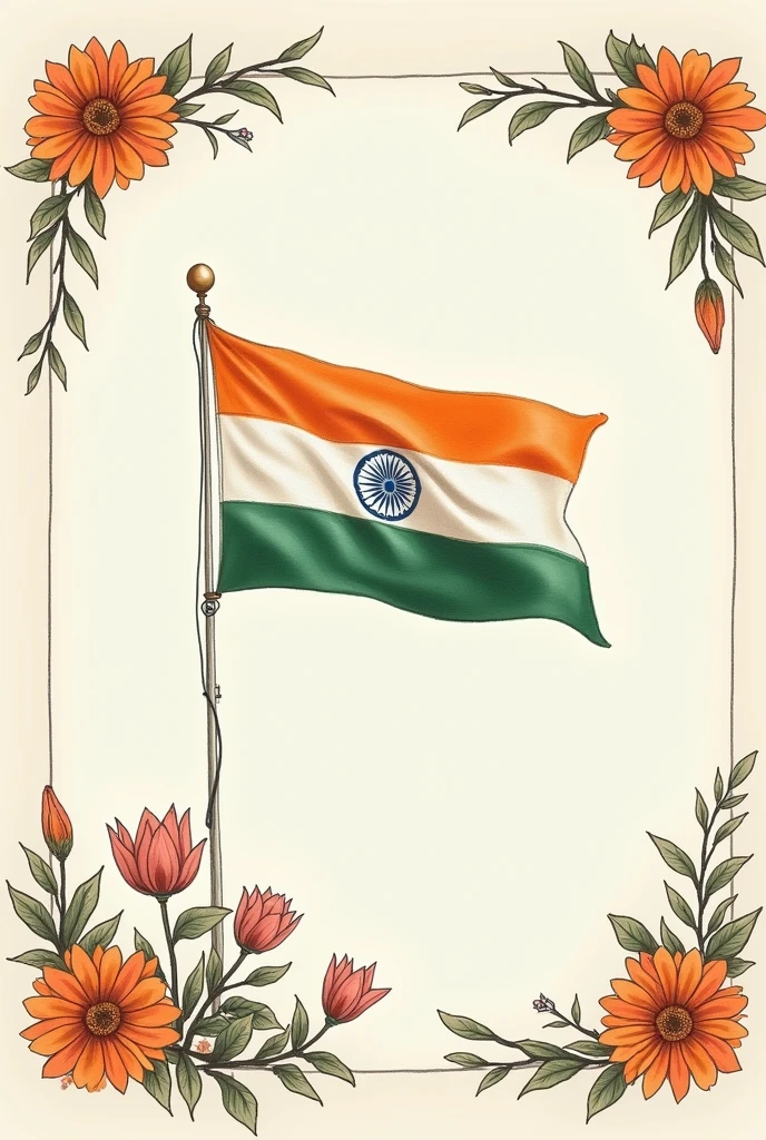 Indian flag sketch with some unique flowers at borders depicting Indian freedom struggle