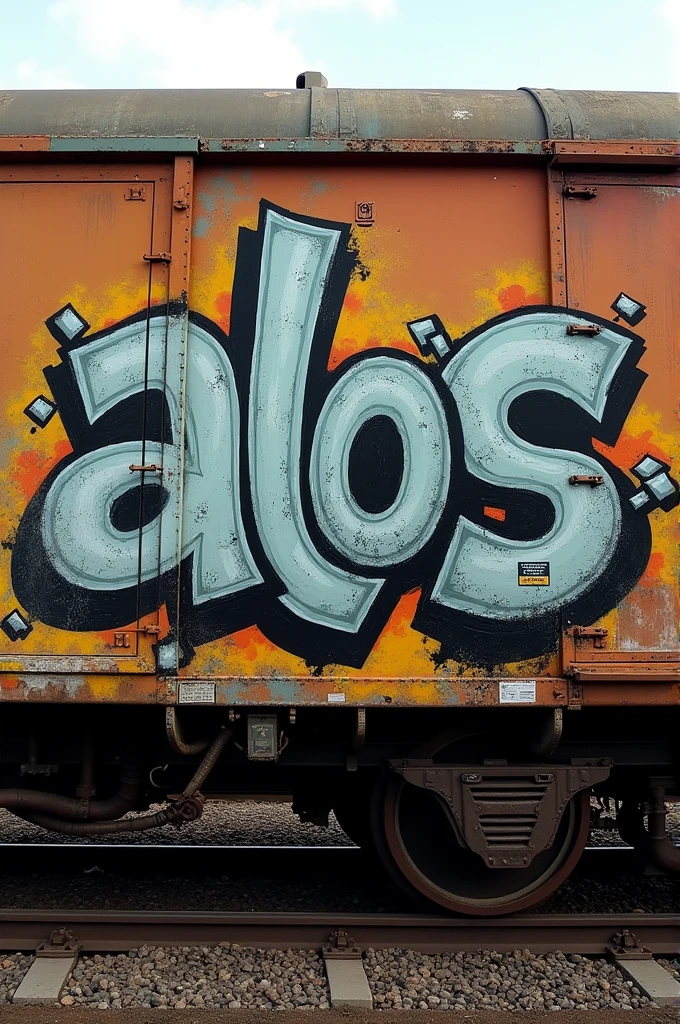 Graffiti on a train that says "alos" with letters different from the usual ones