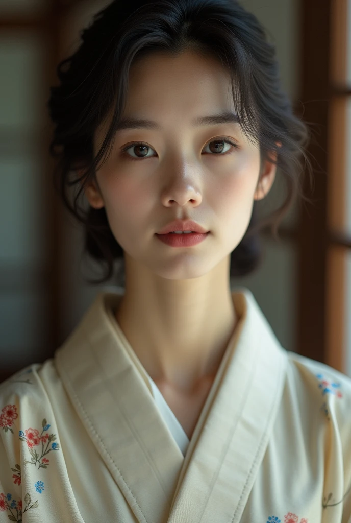 An elegantly dressed Japanese woman in natural light、A close-up of her chest and calm expression.、It shows her inner peace and outer charm.。