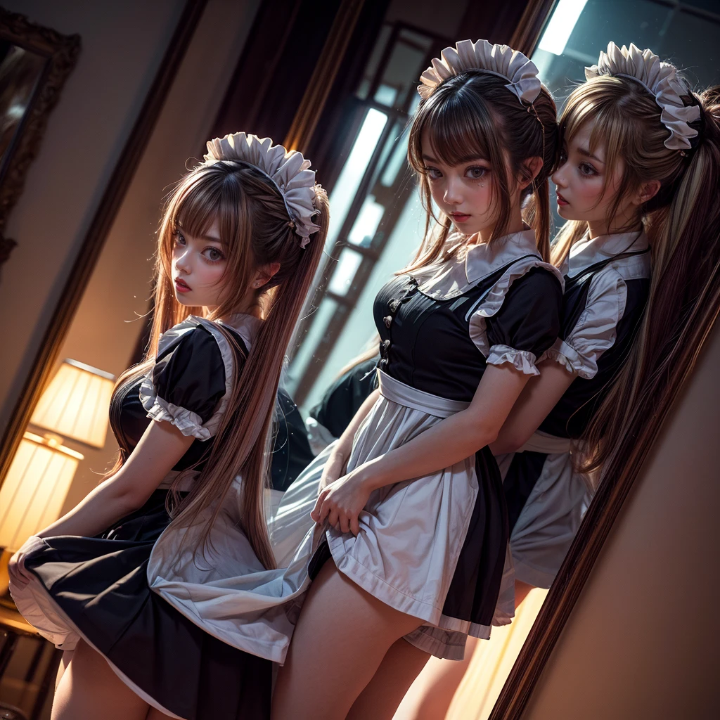 Fisheye Lens wide Shot, (Extremely Detailed((Kawaii Maid Group in a row:1.37))), Childish perfect face, Reflective Eyes, Detailed(Delicate Clothing textures), Dynamic Joyful Expressions LifeLike Rendering, (Specular Reflection:1.2), TopQuality 8K Ultra-detailed masterpiece (ProfessionalPhoto:1.37), (Acutance:0.8), (Luminism:1.28), (Renaissance art style), (Colorful Light particles:0.75), (Muscle:-0.5), ((Full body from side)), {mini(SkirtLift)|Kissing|Hugging|Undressing}, Radiant Fine Skin with Transparency, (Exposed:0.5), (Different Types of Vivid Anime Hair Color:1.6), Perfect Lighting