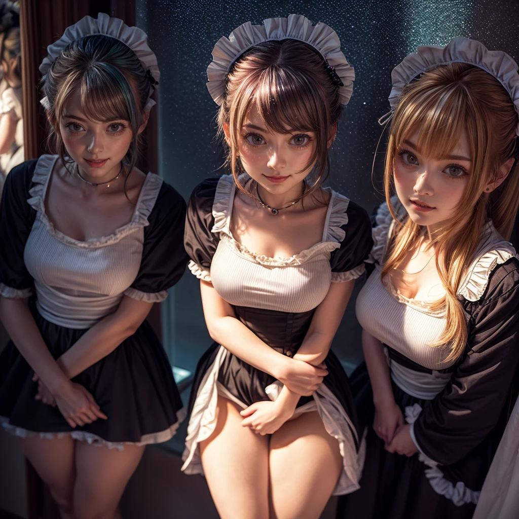 (Full Body of Extremely Detailed((Kawaii Maid Group in a row:1.37))), Cute perfect face, Reflective Eyes, Detailed(Delicate Clothing textures), Correct Leg Line, Dynamic Joyful Expressions LifeLike Rendering, Specular Reflection, TopQuality 8K Ultra-detailed masterpiece (ProfessionalPhoto:1.37), (Acutance:0.8), (Luminism:1.28), (Renaissance art style), Colorful Light particles, ((Full body from side)), {MicroMini Skirt|Kissing|Breast Lifting|Undressing|Thigh Gap|AssFocus}, Radiant Fine Skin with Transparency, (Exposed:0.5), (Different types of Anime hair color){Pink Hair|Blue Hair|Platinum Blonde|Pure White Hair|Liquid Hair}, Perfect Lighting